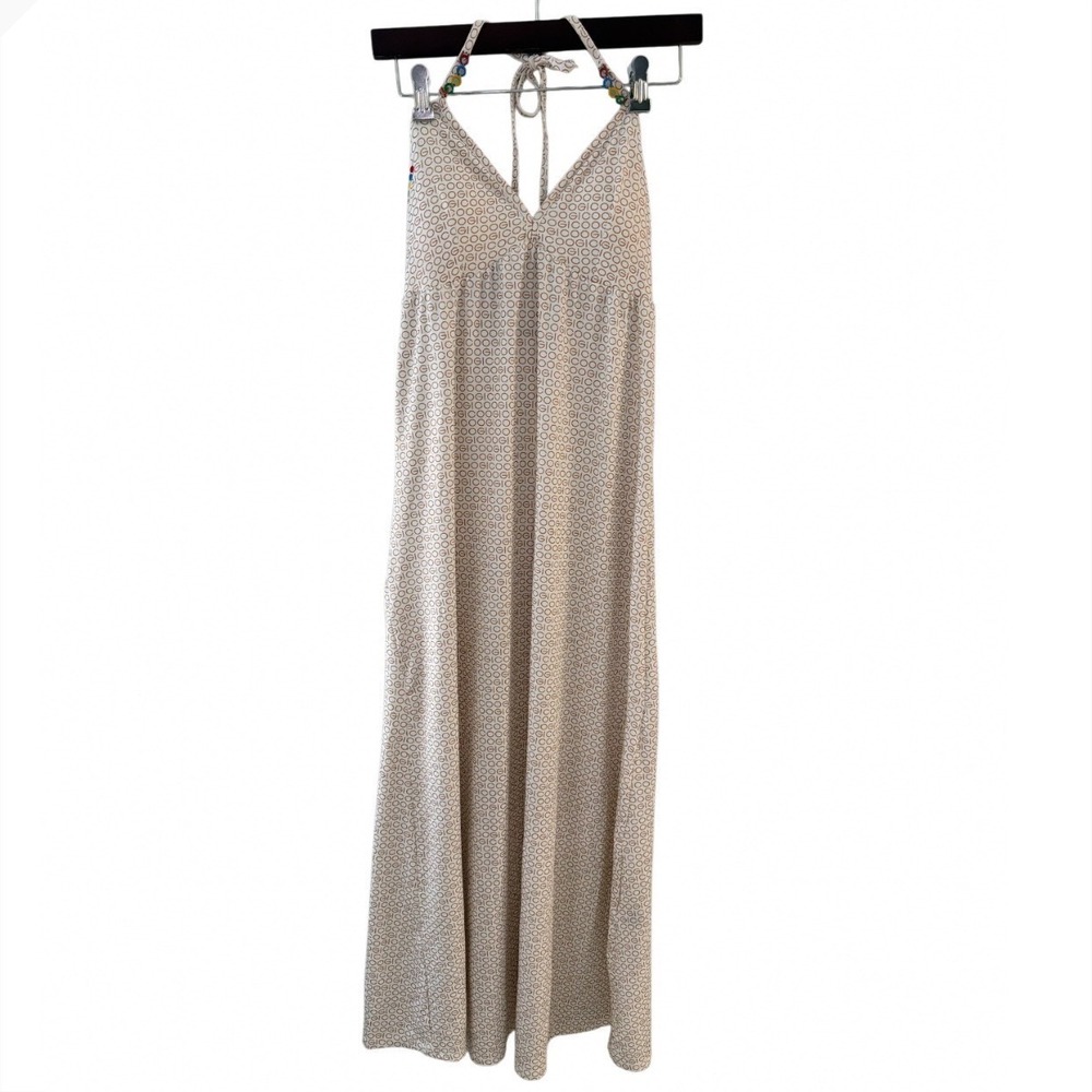 COOGI Women Small White Gold Metallic Logo Spaghetti Halter Maxi Dress Open Back